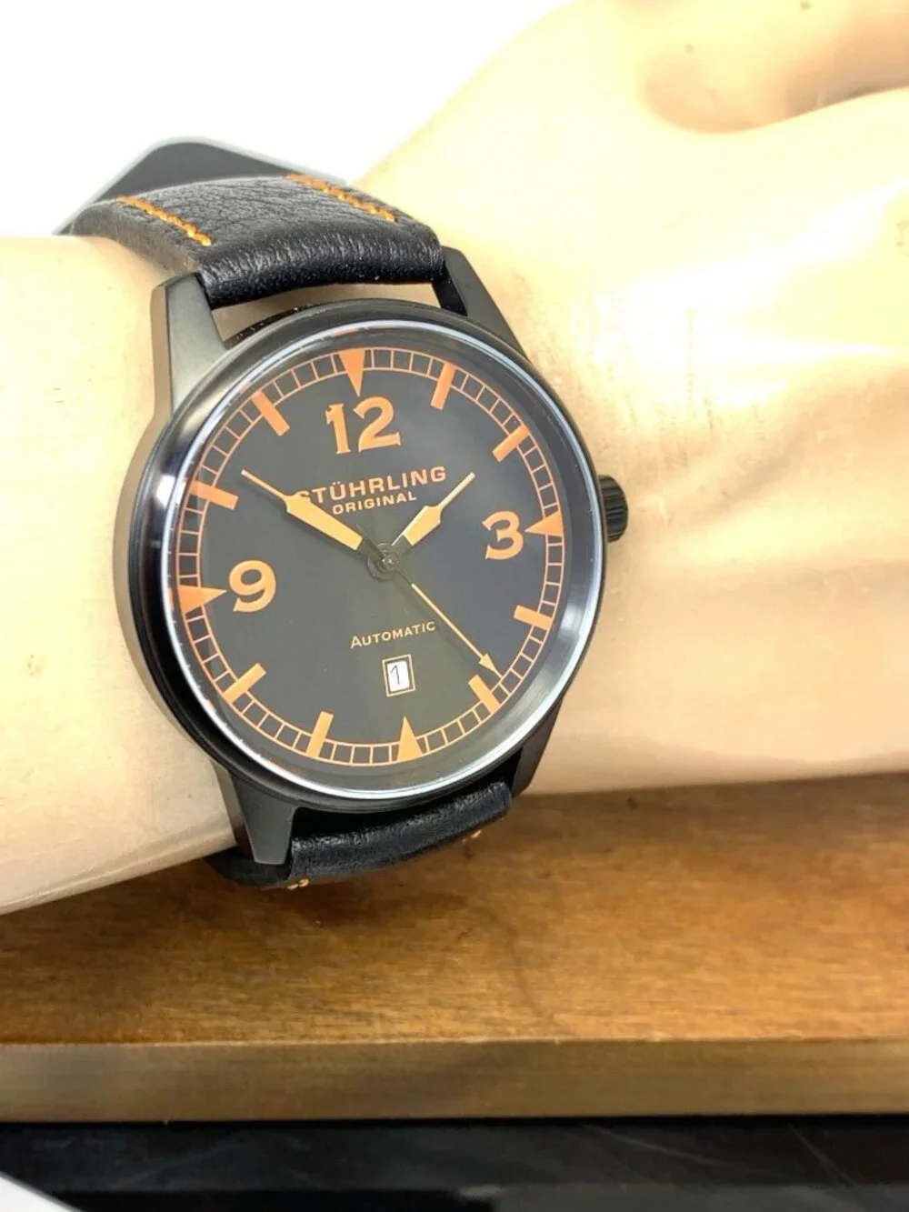Stuhrling Men's Watch ST-900016 Automatic Black Orange Dial Leather Band 44mm